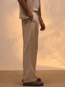 Musero 对比色缝线休闲街头风格直腿亚麻长裤仅适用于夏季假期