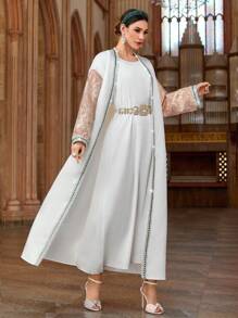 Al Najma Women's Elegant Long Sleeve Color Block Abaya, Modest Robe - Pink - View 4