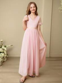 SHEIN 青少年女孩夏季优雅纯色网眼拼布连衣裙 - 粉色 - 查看 3