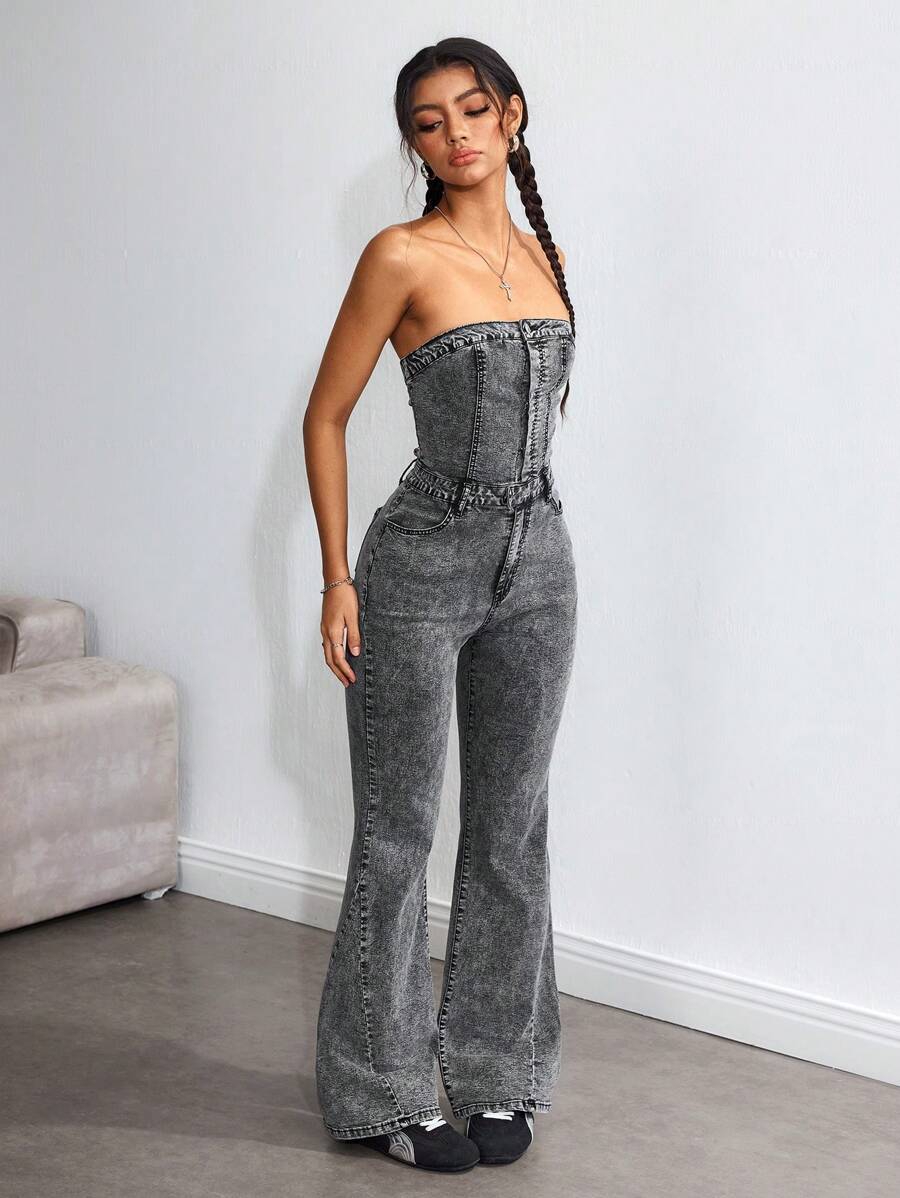 SHEIN ICON 女式喇叭裤牛仔连体裤，带口袋 - 灰色 - 查看 1