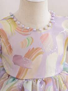 Girls Beaded Colorful Mesh Puff Sleeve Princess Dress With Bow Back Decor, Purple Ditsy Floral Summer Party Gown For Children Baby Girl Dress Elegant Flower Girl Dress Baby Girls Partywear Baby Girl Party Dress Birthday Dresses For Girls Bow Dresses For Girls