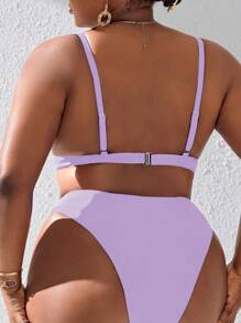 Slaydiva Conjunto de bikini de talla grande de unicolor para mujer para la playa de verano - Morado - Ver 2