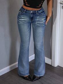 INAWLY Women's Stretchy High Street Low Waist Flare Jeans - Medium Wash - View 1