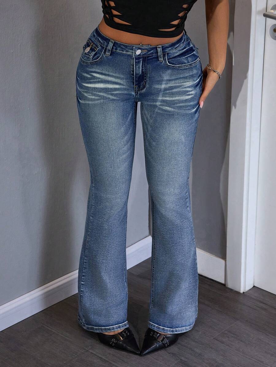 INAWLY Women's Stretchy High Street Low Waist Flare Jeans - Medium Wash - View 1