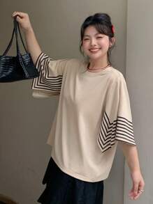 Dazy Plus Raglan Batwing Sleeve Contrast Stripe Patchwork Loose Round Neck Summer T-Shirt - Apricot - View 9