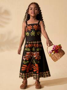 SHEIN 2pcs Young Girl Knit Ditsy Floral Camisole And Woven Mini Skirt Set - Black - View 4