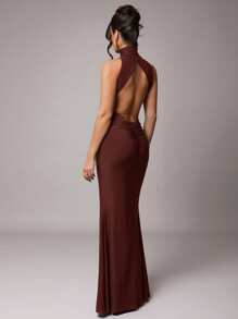 Silquee 女士优雅派对长袖高领性感露背连衣裙，金属扣装饰，酒红色和勃艮第色，弹力针织面料，适合鸡尾酒会、浪漫约会、秋冬分层穿着，适合正式派对、婚礼、伴娘、晚会、万圣节、圣诞节 - 咖啡棕 - 查看 2