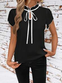 Solivie Fitted Women's Contrast Color Short Sleeve Blouse Summer For Women Teacher For Women Tie Neck Shirts Country Women Summer Women - Black - View 6