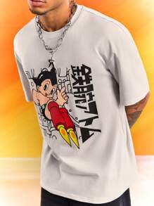 Astro Boy X SHEIN Men's Casual Cartoon Graphic Tee, Round Neck Short Sleeve T-Shirt, Summer - Apricot - View 1
