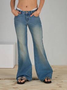 COUREZ 低腰宽松喇叭牛仔裤，做旧水洗效果 /Y2K/休闲/棉质/女士夏季穿搭 棉质 复古 - 藍色 - 查看 2