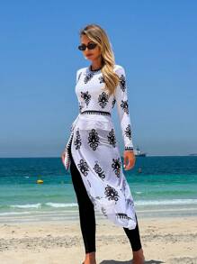 Swim Mulvari Women's Vintage Boho Pattern Mesh 3 Pieces Set - Long Sleeve Cover-Up, Long Pants, And Bikini Bottom, Elegant Casual Outfit For Spring/Summer Holiday, Beach Party - Multicolor - View 3