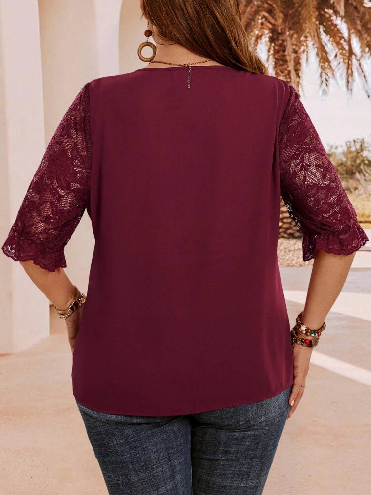 Plus Size Women's Solid V-Neck Short Sleeve Lace Patchwork Blouse, Summer Belted Crop Top, Summer Fashion, Pride Living, LGBTQ Lesbian Pride, Women's Pride, Pride Rainbow Gift, Women's Summer, Mother's Day, Country Music Festival, Boho, Women's Western Wear, Women's Holiday, Mother's Day Gift Vacay Vibes Spring Break Casual SS Boho,Vacation