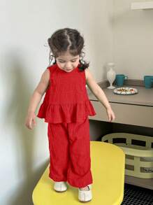 SHEIN Set Rompi dan Celana Merah untuk Bayi Perempuan, Tampilan Liburan yang Menggemaskan - Merah - View 6