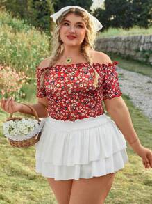 SHEIN VCAY Plus Size Ditsy Floral Off Shoulder Short Sleeve T-Shirt, Vacation Style - Burgundy - View 3