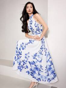 Heiryn 女士优雅花卉印花吊带裙柔软连衣裙蓝色连衣裙夏季女装波西米亚风女装婚礼宾客礼服女士早午餐服装 - 藍色 - 查看 7