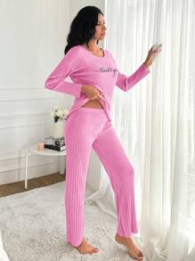 EURMUSE 100% Cotton Women's Round Neck Letter Print Long Sleeve Top And Pants Pajama Set - Pink - View 6