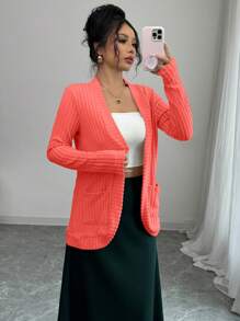 SHEIN LUNE Women Casual Ribbed Brushed Pink Cardigan With Side Pockets, Shorts - Watermelon Pink - View 1
