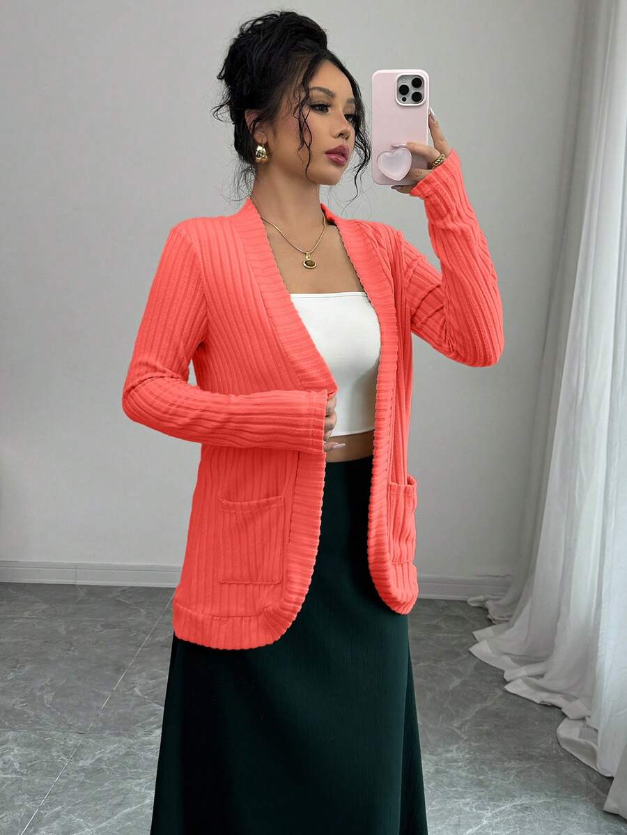 SHEIN LUNE Women Casual Ribbed Brushed Pink Cardigan With Side Pockets, Shorts - Watermelon Pink - View 1