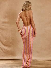 MUSERA 露背高领深V领条纹钩编修身长裙，春夏度假波西米亚风伊比沙岛优雅俱乐部海滩可爱性感婚礼宾客生日舞会毕业典礼假日节日秋季夜生活婚礼宾客优雅约会之夜秋夏装扮长裙 - 彩色 - 查看 3