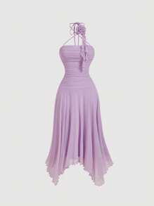 SHEIN MOD Vestido largo de tul con drapeado asimétrico en el bajo, cuello de halter, color lila. Vestido de graduación - Lila Púrpura - Ver 1