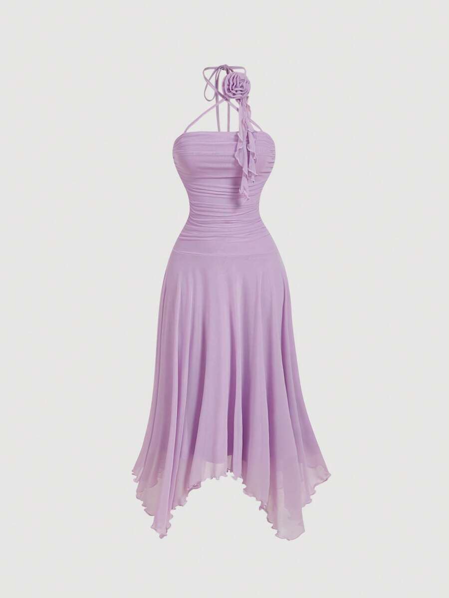 SHEIN MOD Vestido largo de tul con drapeado asimétrico en el bajo, cuello de halter, color lila. Vestido de graduación - Lila Púrpura - Ver 1