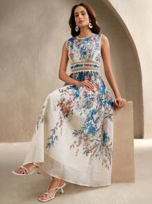 Anewsta 女士印花圆领无袖拼布蕾丝边连衣裙 - 彩色 - 查看 6