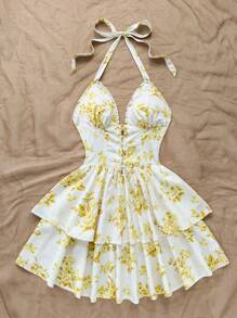 Soleia 女式花卉印花露背设计荷叶边下摆迷你度假连衣裙 - 彩色 - 查看 3