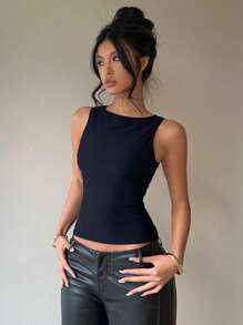 Aloruh Women's Casual Backless Bowknot Sleeveless Shirt, Suitable For Commuting & Daily Wear - Navy Blue - View 3