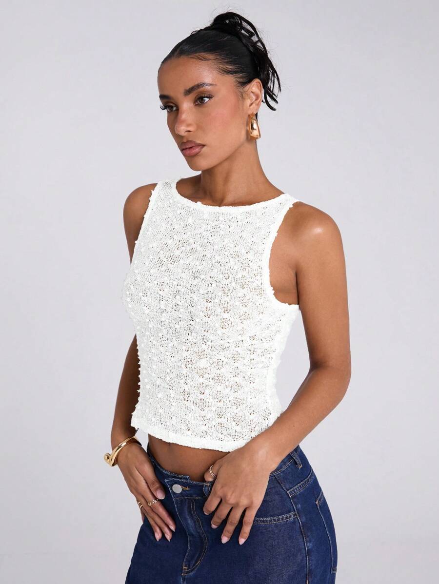 SHEIN BAE 女士春夏休闲度假透视钩编机车波西米亚风网眼袖上衣外出上衣，适合音乐节、西部牛仔风格等场合