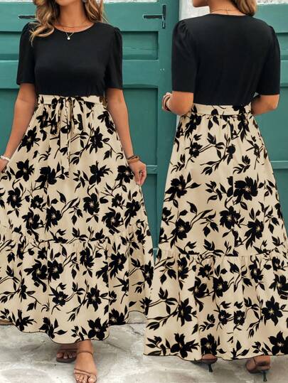 Reflora Große Größen Kleid mit Blume Muster, rüschenbesetztem Saum, Kurzarm und Rundausschnitt, Frauenkleider für Geburtstage, Damensommerkleidung, Sommerkleidung für Frauen, schwarzes Kleid, Sonnenkleider für Frauen, Urlaubsoutfits für Frauen, Strand, Blumenkleid für Frauen, bohemianische Damenkleidung