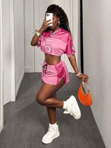 BamGleam Bộ 2 món/Bộ Áo thun tay ngắn phong cách thể thao cho nữ và chân váy - Hồng - Xem 5