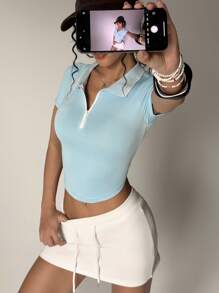 SHEIN Sport Studio Camiseta de polo de deporte deportiva de manga corta con cremallera para uso diario para mujeres