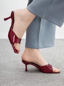 CUCCOO BIZCHIC Chic Burgundy Glossy Patent Leather Simple Square Toe Thin High Heel Mule Sandals, Suitable For Commuting, Dating, Gathering, Party, Holiday, Wedding Summer Shoes - Burgundy - View 3