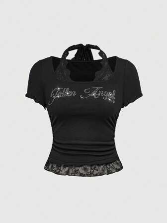 Grunge Punk Lace Patchwork & Rhinestone "Garbage Punk Bro" Letter Print Slim Fit Square Neck Women T-Shirt