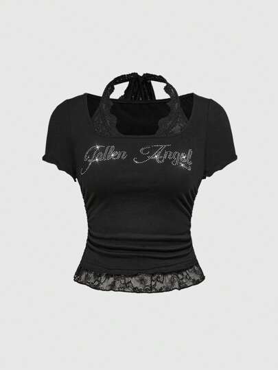 Grunge Punk Camiseta slim fit de mujer con cuello cuadrado, estampado de letras "Garbage Punk Bro", parches de encaje y rhinestones