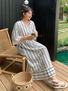 Dazy Plus Plus Size V-Neck Striped Flare Sleeve Long Nightgown Pajama - White - View 7