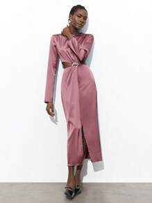 Maija Elegant Vintage-Style Green Long Sleeve Metallic Decor Mid-Length Party Dress For Women, With Exposed Waist And Metal Buckle Business Casual Women's Wear, Office Wear, Low-Key Old Money Style, Effortless Temperament, High-End Urban Commuting, The Same Style As The Editor-In-Chief Of The Magazine, Urban Social Vacation Party Wear, Charming, Low-Key And Durable Basic Style, Versatile And Not Picky Clothing, Street Fashion Wear, Clothing, Coffee Shop, Relaxed Wear