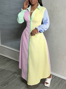 BamGleam Striped Print Colorblock Long Shirt Dress For Summer Maxi Women Outfit Fall Cloth For Women - Multicolor - View 4