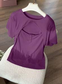 Dazy Plus Plus Elastic Fitted Hollow-Out Crew Neck Short Sleeve T-Shirt, Chinese New Year, Spring/Summer