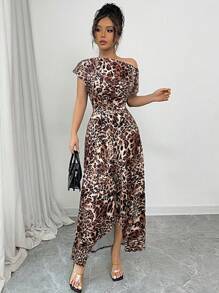 Firerie Women's Summer Dress With Asymmetrical Shoulder, Short Sleeves, Pleated Front Panel, Asymmetrical Hem Design In Woven Fabric, Daily Casual Versatile Style