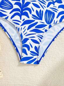 SHEIN Teen Girls Tropical Print Ruched Bikini Swimsuit - Blue - View 5