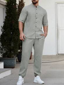Manfinity Homme Setelan Kemeja Pria Longgar Warna Polos Lengan Gulung, Pakaian Linen Pria, Setelan Linen untuk Pria, Setelan untuk Pria, Setelan Kemeja Pria - Grey - View 3