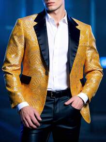 Manfinity Mode Men's Retro Jacquard Blazer Yellow Top Men Prom Suits For Men's Prom Suit