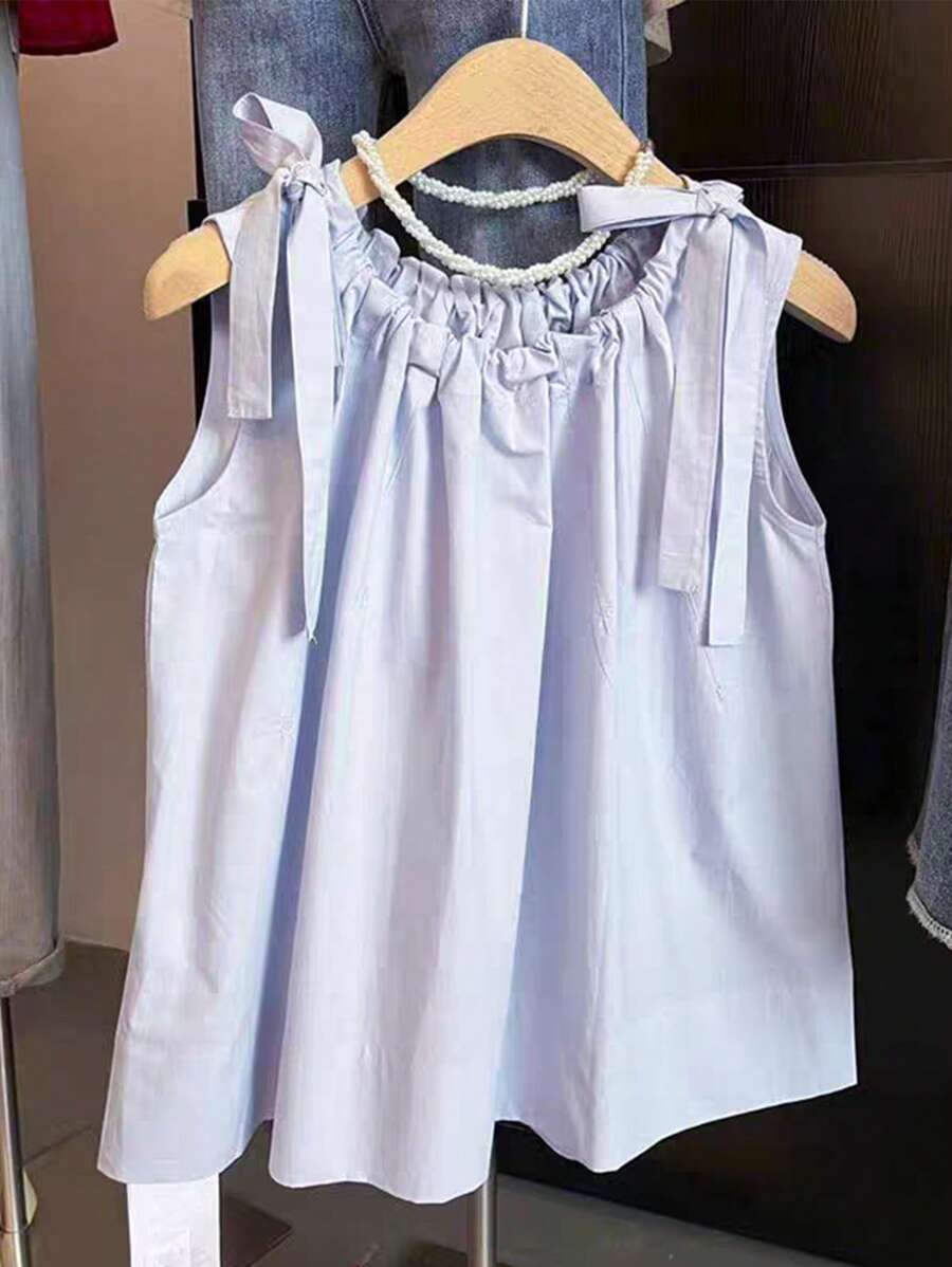 Chiquease Canotta corta donna con fiocco in colore unito - Blu - Visualizzare 1