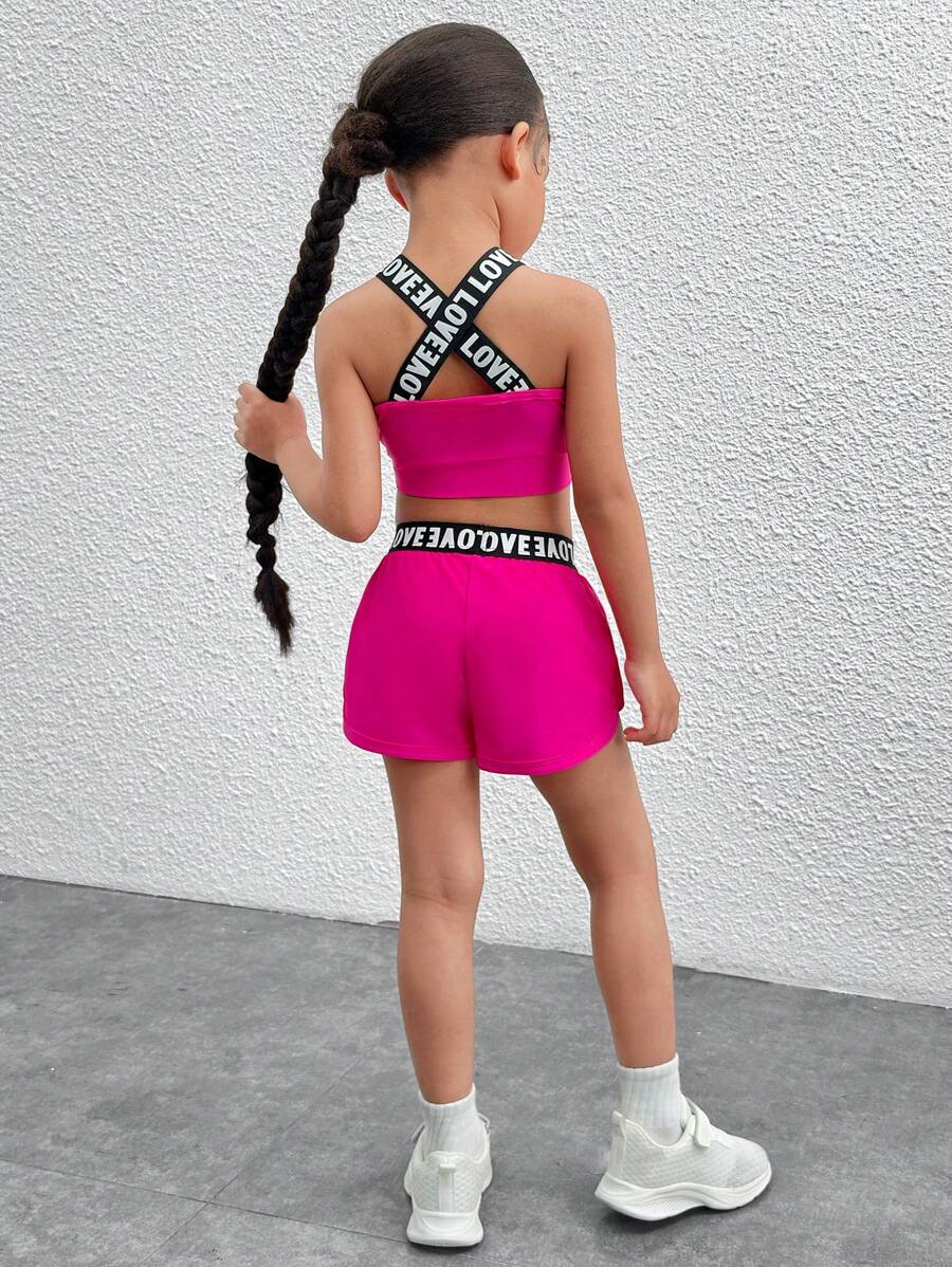 SHEIN 2pcs Young Girl Knitted Solid Color Letter Elastic Cuff Tank Top And Shorts Sports Set - Hot Pink - View 1