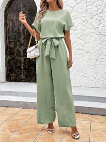 SHEIN Clasi Summer Elegant Women's Blue Cool Linen Pleated Fabric With Shoulder Sleeves And Tied Waist Short Sleeved Jumpsuit, Suitable For Various Occasions, Daily Travel, Outings, Etc - Mint Green - View 6