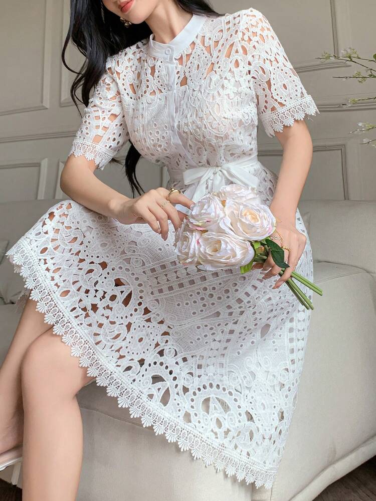 French Style Elegant Ladylike Lace Hollow-Out Short Sleeve Mini Dress, Youthful White Party Dress,Formal Women Dresses