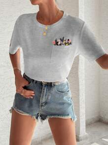 EURMUSE 100%Cotton T-Shirt With Flower Embroidery, Round Collar, Pocket Details - Grey - View 7