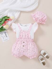 3pcs Baby Girl Set: Knitted Top With Cap Sleeves, Ditsy Floral Printed Pinafore Shorts, Hat - Multicolor - View 7