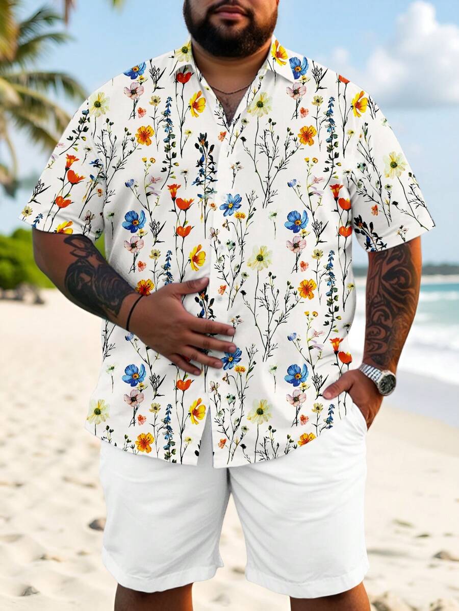 Manfinity RSRT Fashionable Casual & Mature Tropical Floral All-Over Digital Printing Pattern Slim Fit Regular Shoulder Short Sleeve Shirt For Men, Suitable For Summer Outdoor Vacation, Dating, Party, Couple Matching, Great Gift For Boyfriend - Multicolor - View 1